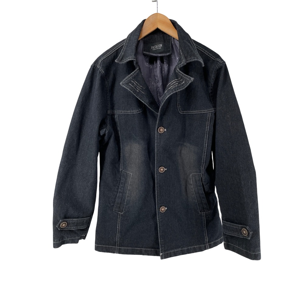 Urban Fashion Denim Blazer Jacket Mens Large Black Dark Wash Contrast Stitch